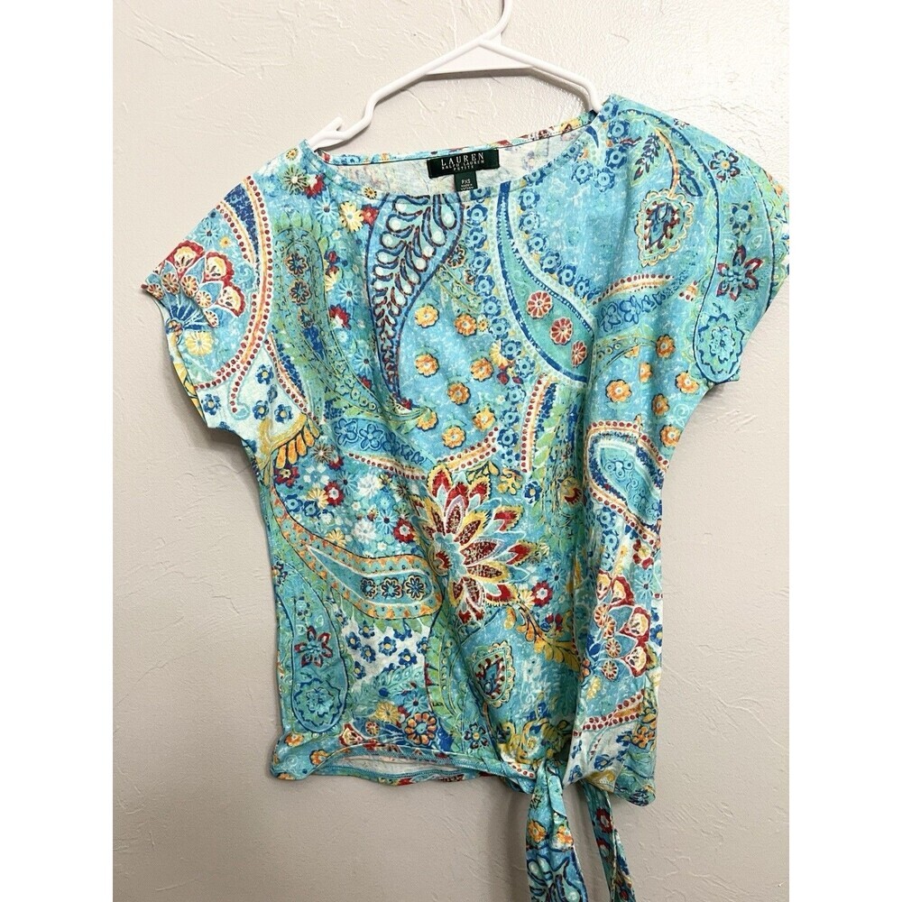 Lauren Ralph Lauren Boxy Shirt Size XS Floral Paisley Cap Sleeve Top Blue Tie